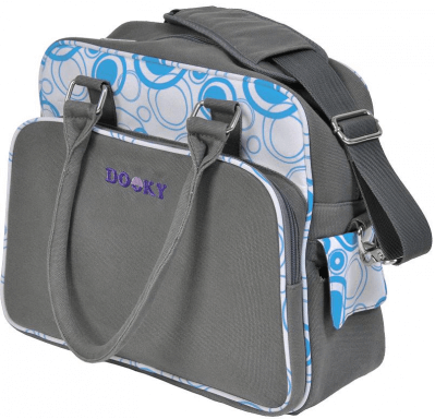 Practical Change Bags and Baby Essentials for Parents - stylish gray bag with blue circles.