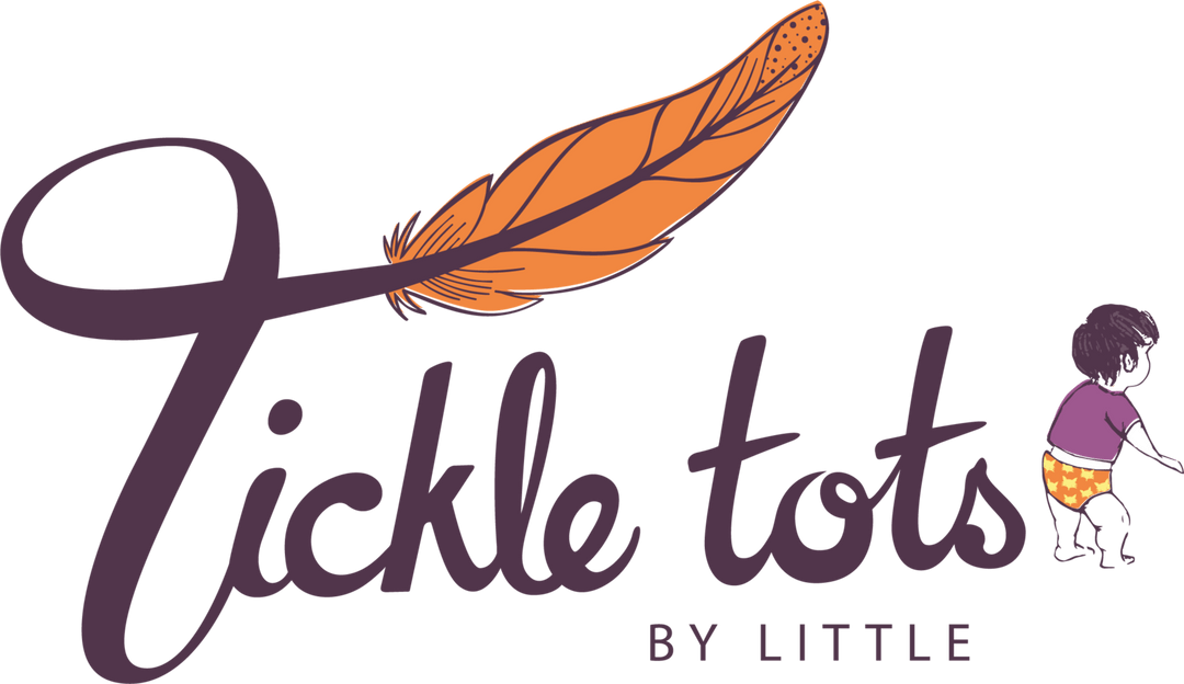 Tickle Tots Eco Friendly Collection logo featuring a colorful feather and playful child design.