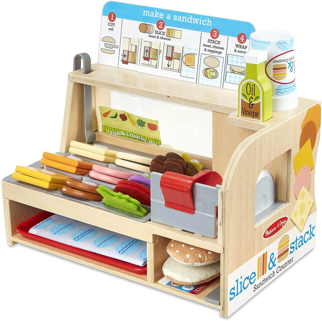 Wooden and Magnetic Toys for Kids Playtime with a wooden sandwich counter and play food items.