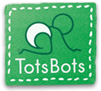 Tots Bots Reusable Nappies and Waterproof Wraps logo on a green background with a crawling baby illustration.