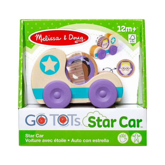 Go Tots Star Car Play Set - Wooden kinetic toy for toddlers featuring colorful car and character disks.