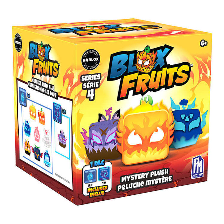 Blox Fruits Series 4 4inch collectible plush box featuring various mystery plush designs.