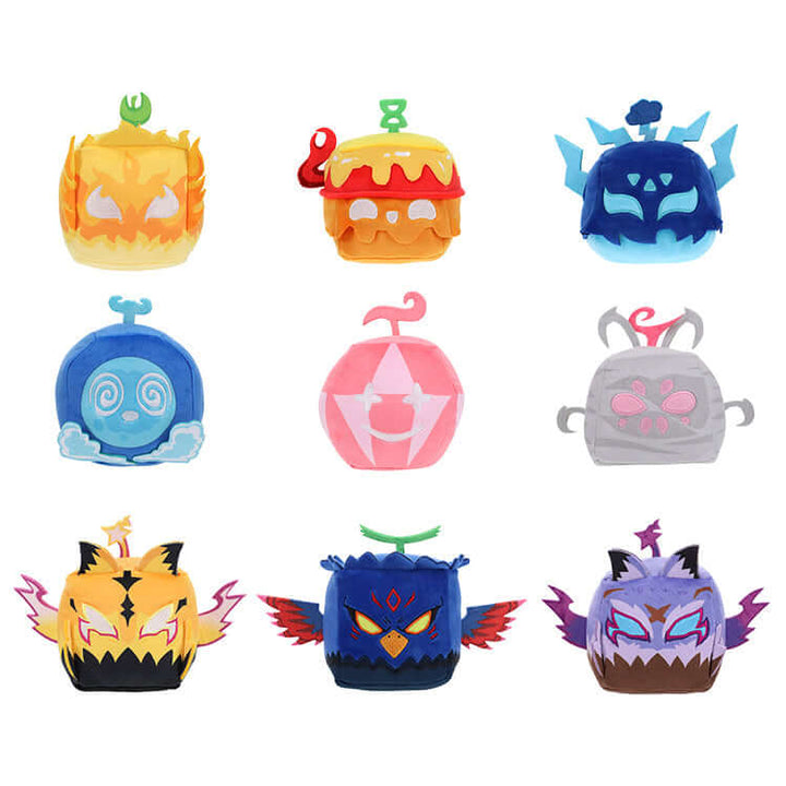 Blox Fruits Series 4 4inch collectible plush collection featuring various fruit designs and colors.