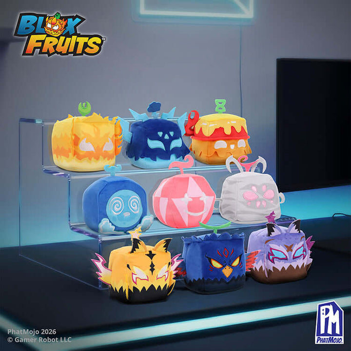 Blox Fruits Series 4 4inch collectible plush collection displayed on a shelf, showcasing vibrant characters.