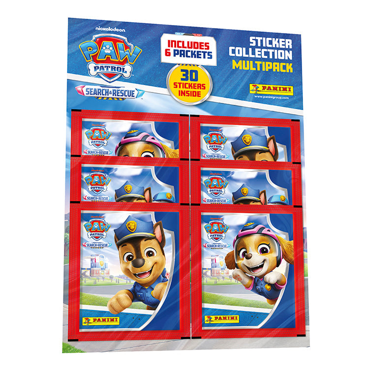 Paw Patrol Search &amp; Rescue Sticker Collection featuring six packets with 30 stickers inside from Panini.