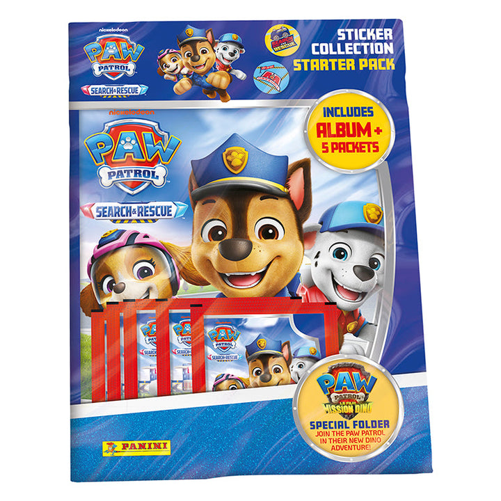 Paw Patrol Search &amp; Rescue Sticker Collection starter pack featuring album and five sticker packets.
