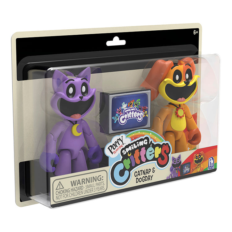 Poppy Playtime Series 3 Smiling Critters Action Figure 2PK featuring CatNap and DogDay with TV accessory.