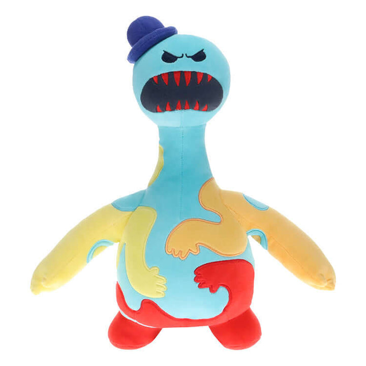 Poppy Playtime Series 6 12inch Deluxe Plush - Doey with blue and yellow body and red accents, showcasing creepy grin.