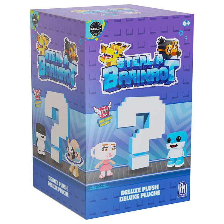 Steal A Brainrot Deluxe 8inch Plush product box featuring vibrant designs and characters from the game.