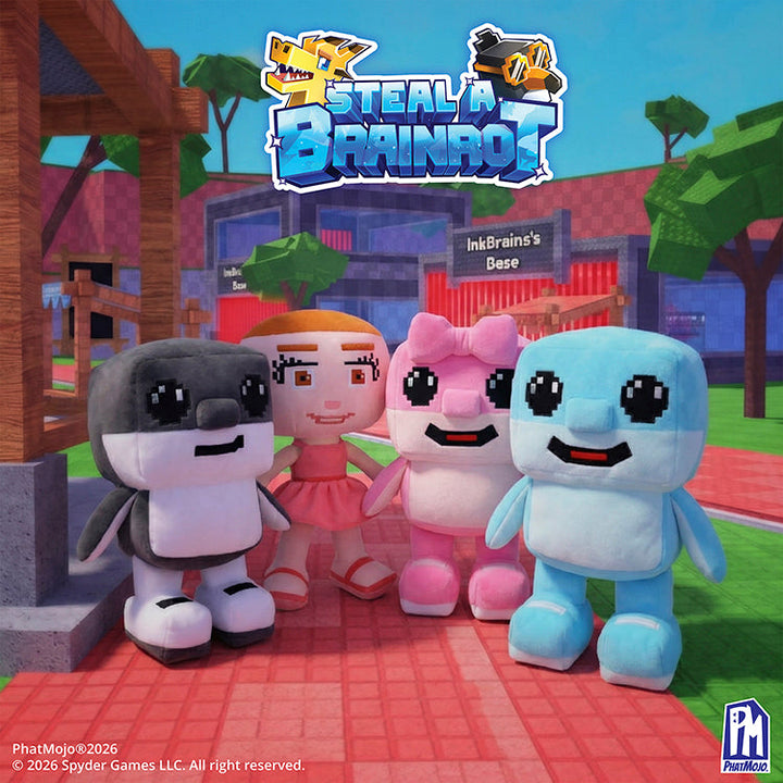 Steal A Brainrot Deluxe 8inch Plush characters posing in front of InkBrain&