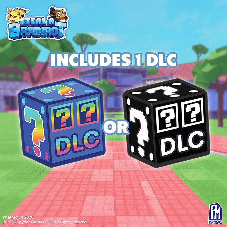 Colorful Steal A Brainrot game dice showcasing options for DLC inclusion in vibrant gaming environment.