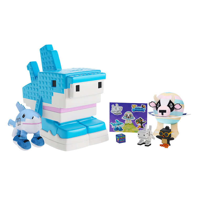 Steal A Brainrot Series 1 Collector Bundle featuring blue and white toys, stickers, and collectible characters.