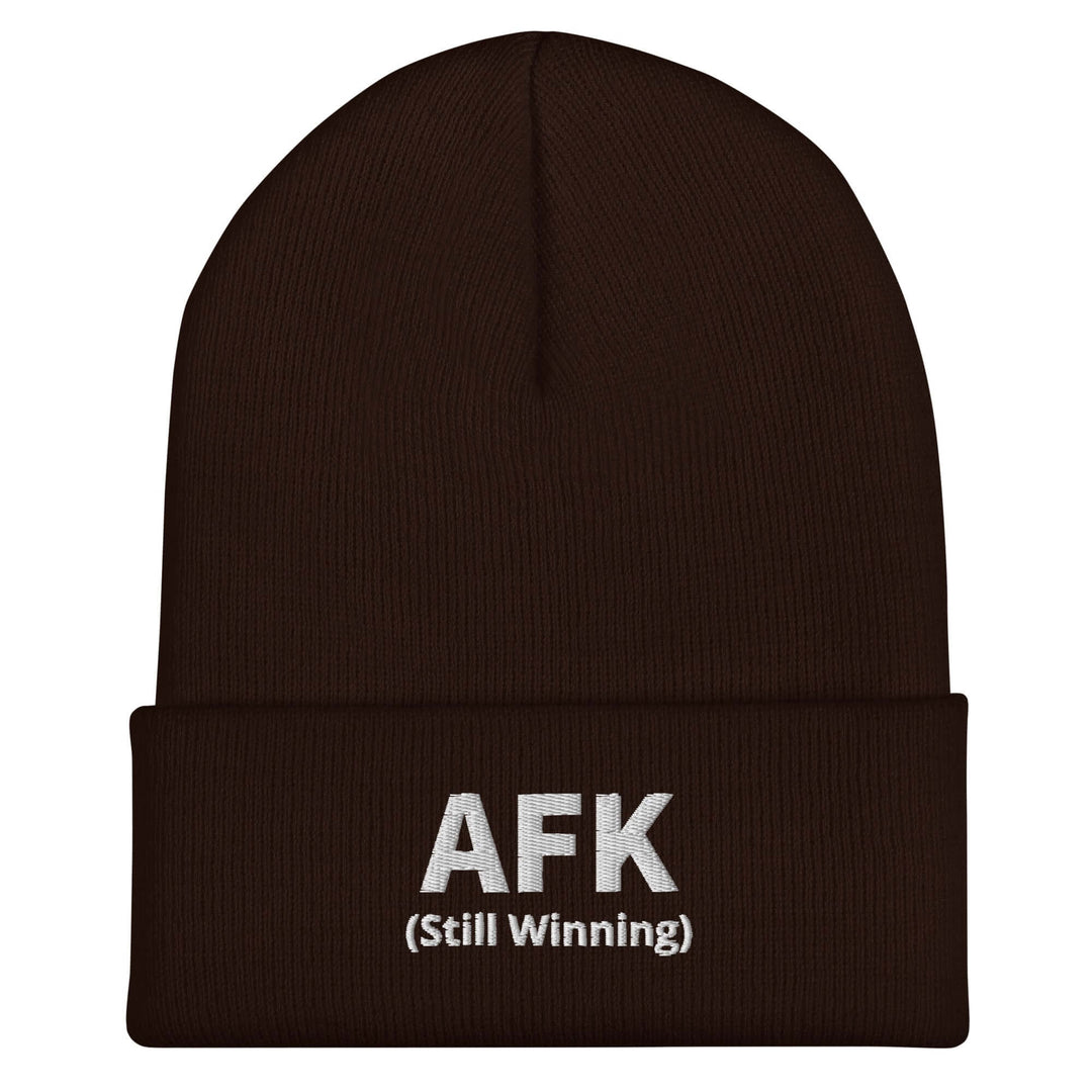 AFK cuffed beanie in brown, featuring embroidered text 'AFK (Still Winning)' for warmth and style.