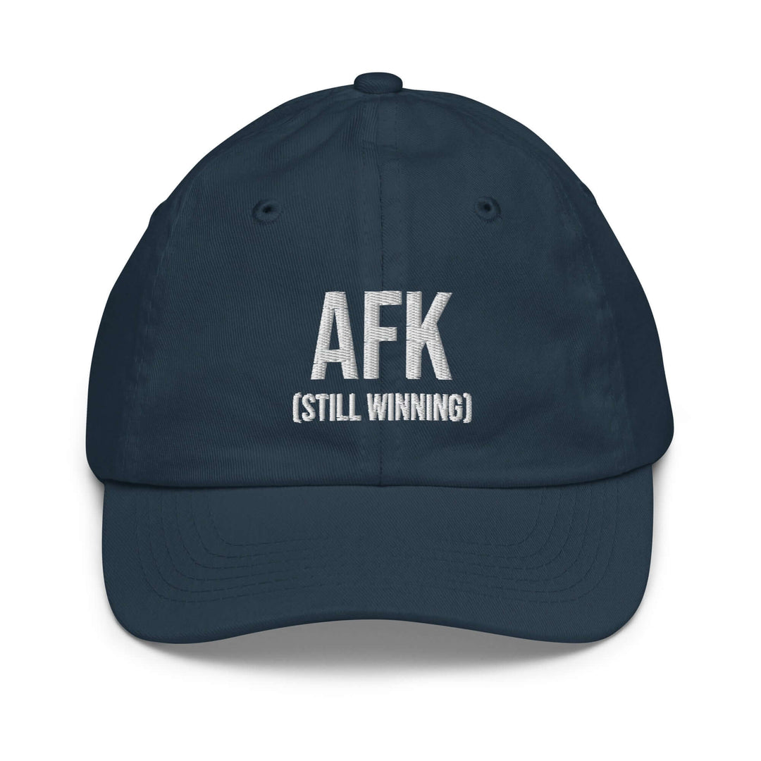 AFK youth baseball cap in navy blue with embroidered text AFK (STILL WINNING) for active kids.