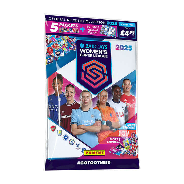 Barclays WSL Official Sticker Collection 2025 packaging featuring women's football players with product details and price.
