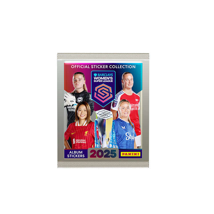 Barclays WSL Official Sticker Collection 2025 featuring players and team logos on a colorful packet.