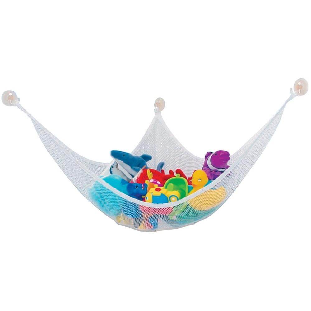 Bath Toy Hammock holding colorful toys, ideal for bathroom and playroom storage solutions.