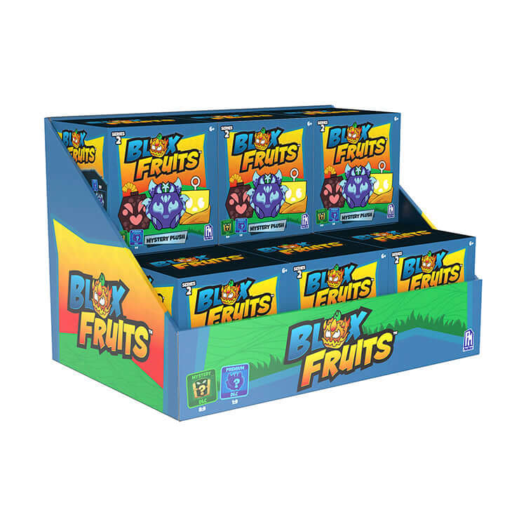 Blox Fruits Series 2 4-inch Collectable Plush display box featuring various character plushes.