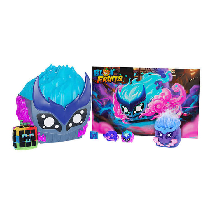 Blox Fruits Series 4 gas collector bundle featuring vibrant sculpted case, collectibles, and display backdrop.