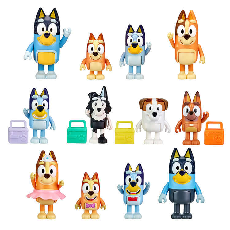 Bluey Series 1 Figure 4Pk showcasing Bluey, Bingo, Chilli, Bandit, and other fun figures for imaginative play.