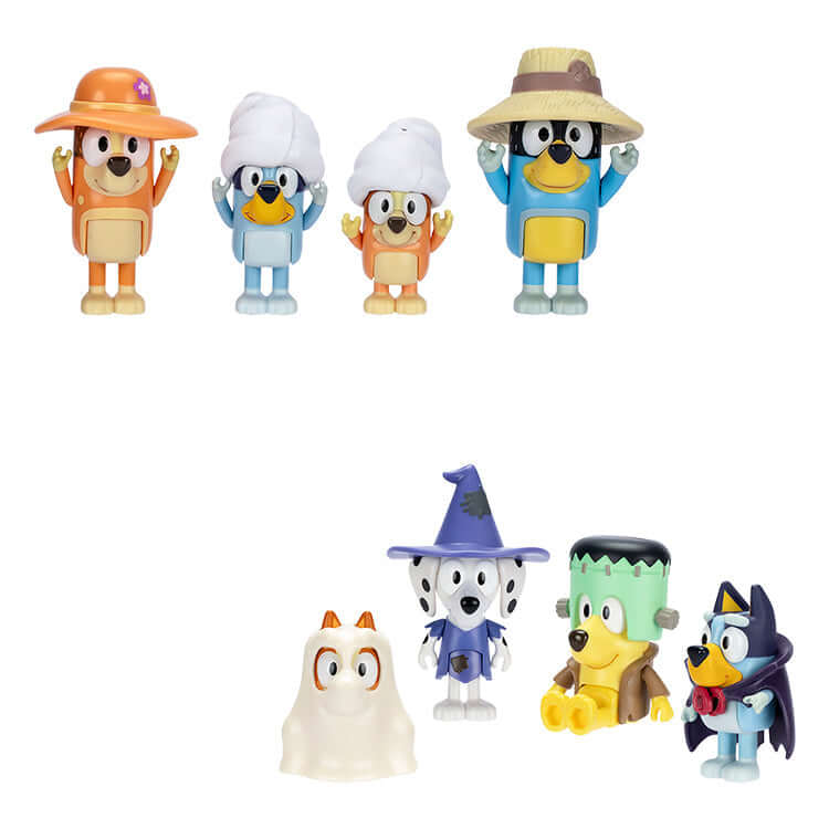 Bluey Series 11 Figure 4 Pack - Collectible Family &amp; Friends Figures with characters in different costumes.