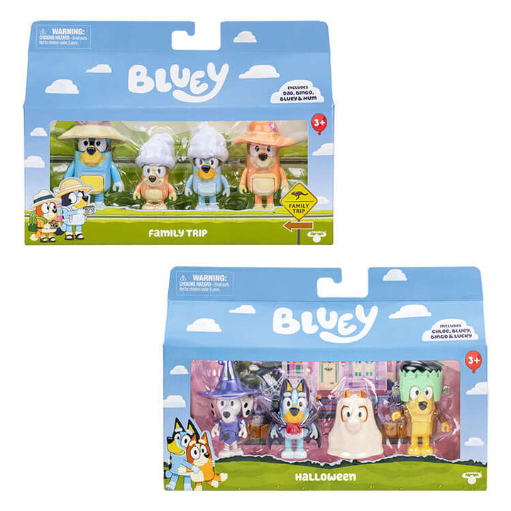 Bluey Series 11 Figure 4 Pack featuring Family Trip and Halloween collectible figures.