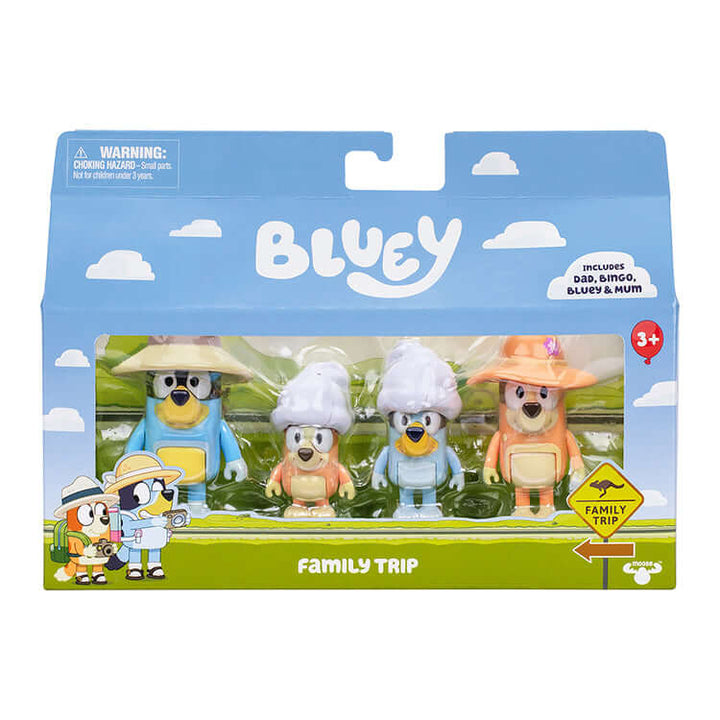 Bluey Series 11 Figure 4 Pack featuring characters from the Family Trip set in collectible packaging.