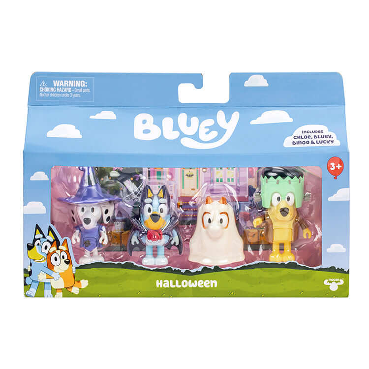 Bluey Series 11 Figure 4 Pack featuring Halloween-themed figures of Bluey, Bingo, and friends.