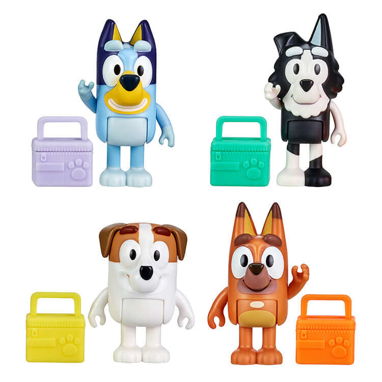 Bluey Series 1 Figure 4Pk featuring Bluey, Bingo, Chilli, and Bandit with accessories in bright colors.
