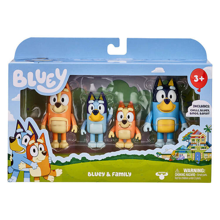 Bluey Series 1 Figure 4Pk featuring Bluey, Bingo, Chilli, and Bandit family figures in a colorful pack.