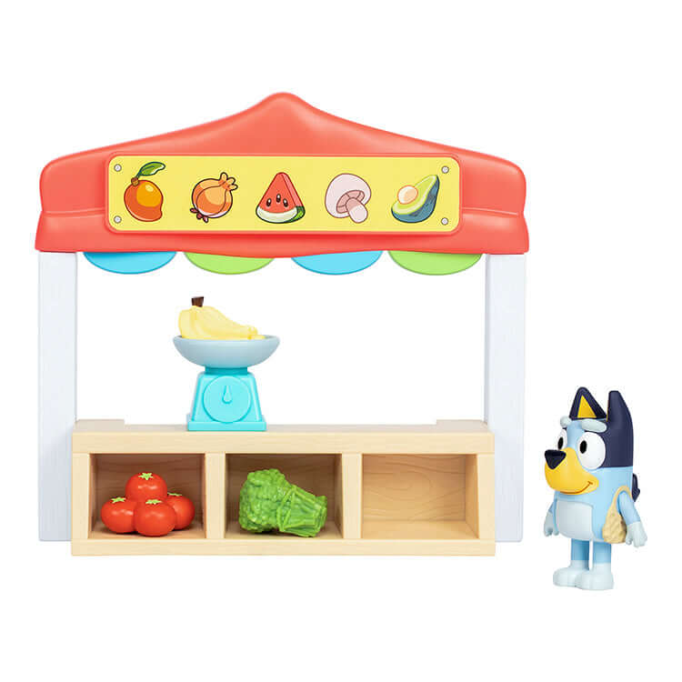Bluey Series 10 Mini Playset featuring a Farmers Market with fruits and Bluey figure.