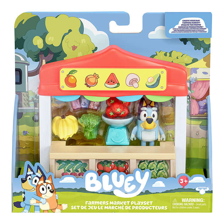 Bluey Series 10 Mini Playset featuring the Farmers Market Playset with figures and accessories.