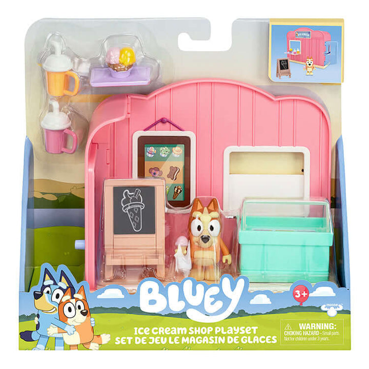 Bluey Series 10 Mini Playset with Ice Cream Shop Playset figures and accessories for imaginative play.