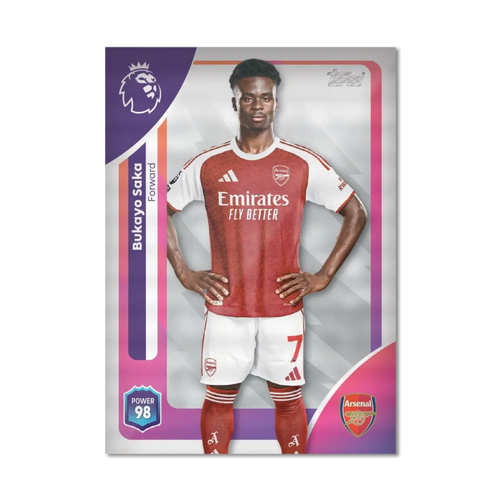 Premier League 2026 Mega Multipack trading card featuring Bukayo Saka, Arsenal Forward with Power 98.