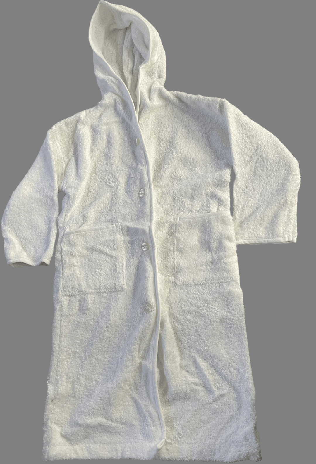 Cotton Dressing Gown for Kids - Soft white dressing gown with hood and pockets, perfect for cozy sleepwear.