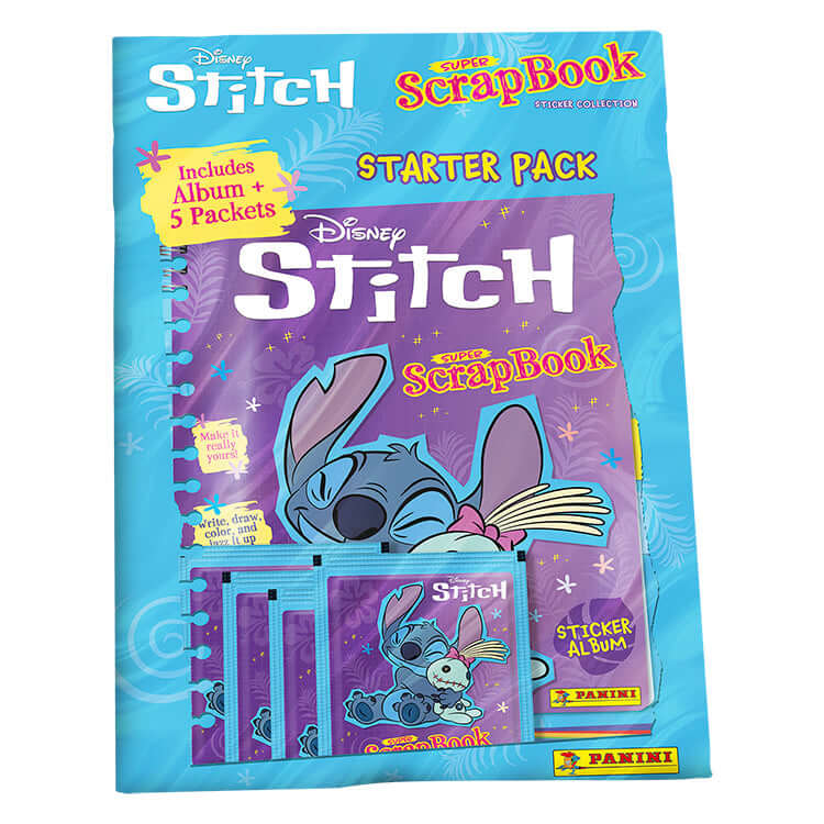 Stitch Super ScrapBook Sticker Collection starter pack featuring album and packets, perfect for creative fans.