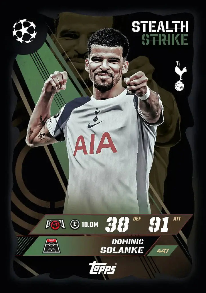Match Attax 2025-26 Starter Pack card featuring Dominic Solanke with stats and design elements.