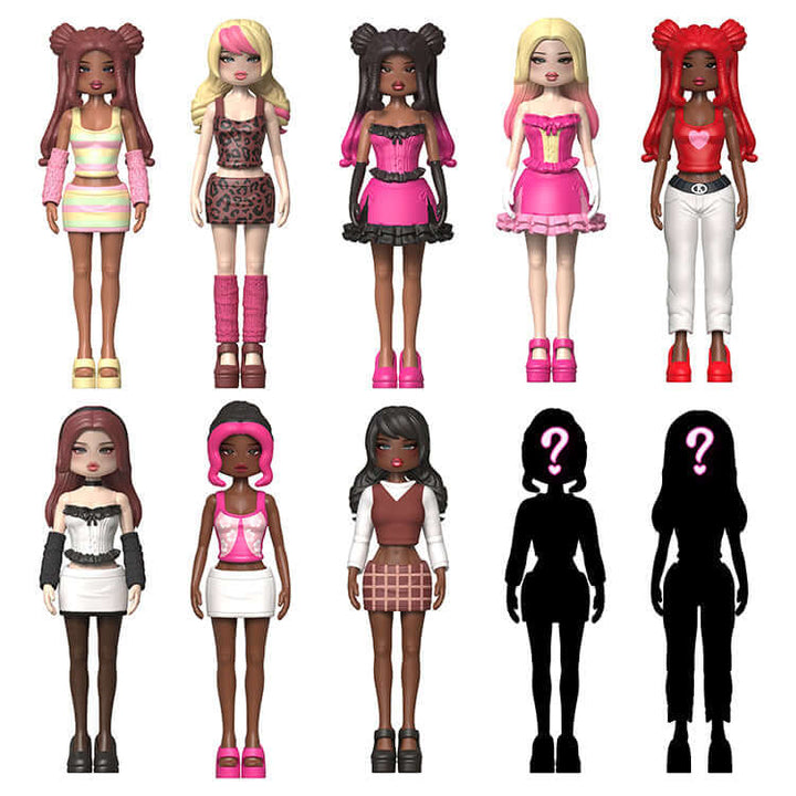 Collection of posable Mystery Models dolls in stylish outfits from Dress To Impress Series 1, featuring chic accessories.