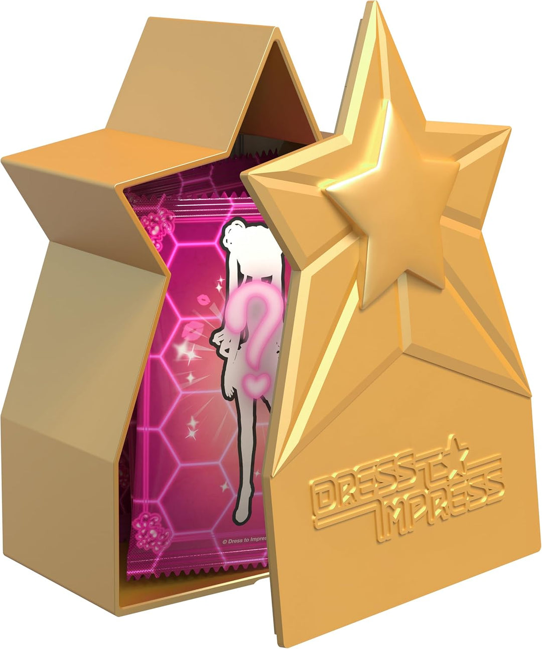 Gold star-shaped packaging for Dress To Impress Mystery Doll, featuring a peek of a pink card inside.