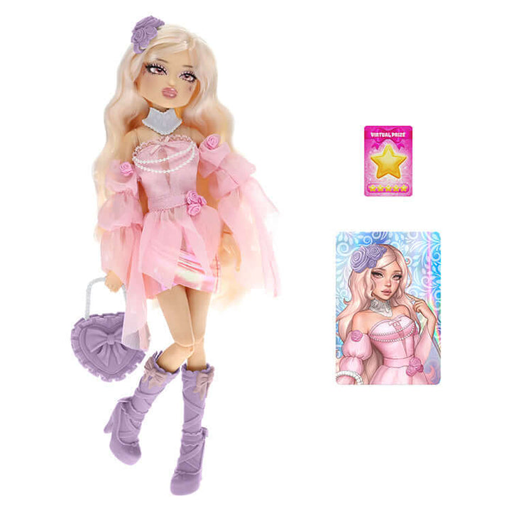 Dress To Impress Series 2 Fashion Doll - Winter Rose showcasing elegant pink dress, floral accessories, and ruffle bag.