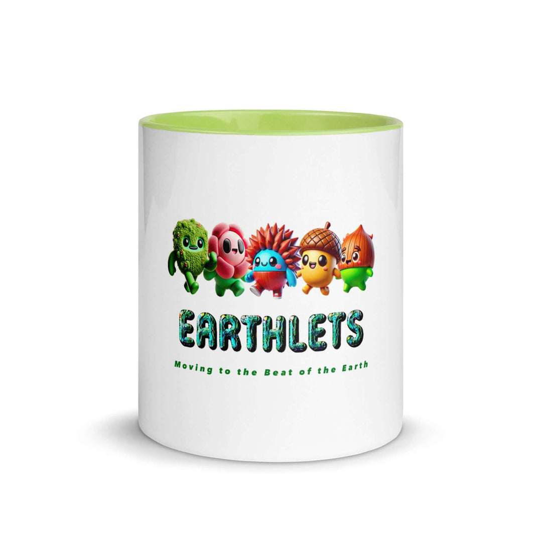 White ceramic mug with colorful interior featuring Earthlets characters and logo, perfect for unique designs.