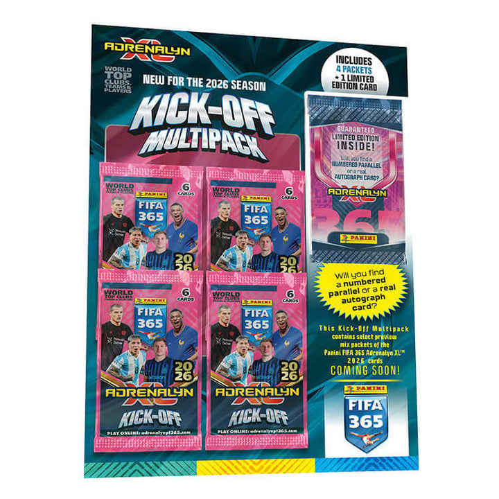 FIFA 365 2025-26 Adrenalyn XL Kick-Off Multipack featuring 4 packets and 1 exclusive limited edition card.