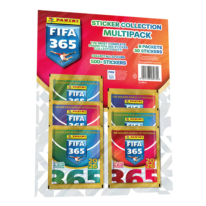 FIFA 365 2025-26 Sticker Collection multipack featuring 6 packets and 30 stickers for football fans.