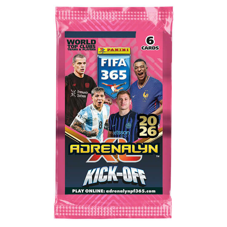FIFA 365 2025-26 Adrenalyn XL Kick-Off trading card packet featuring top football players and exclusive cards.