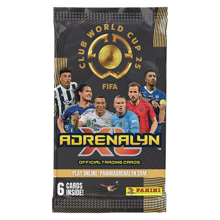 FIFA Club World Cup 2025 Official Trading Card package featuring top players and Adrenalyn XL branding.