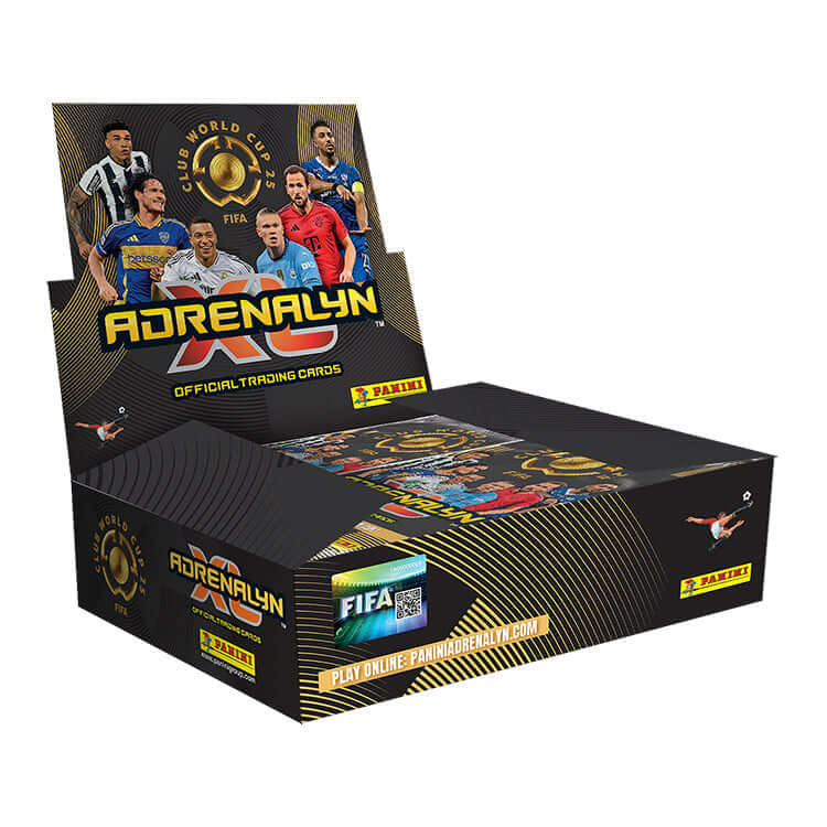 FIFA Club World Cup 2025 Official Trading Card collection box featuring Adrenalyn XL and top football players.