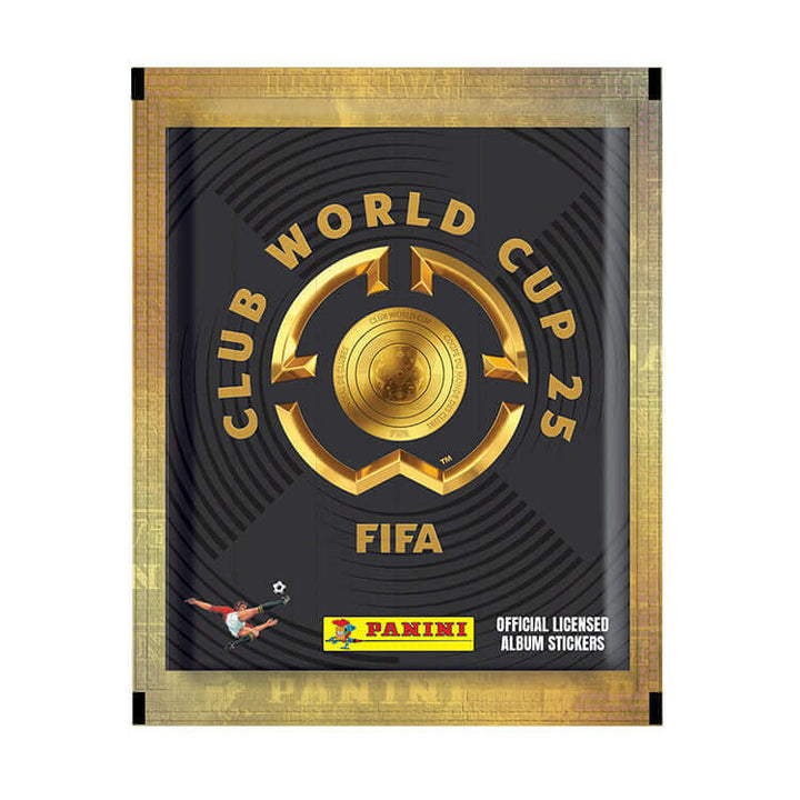 FIFA Club World Cup 2025 sticker pack by Panini, featuring gold accents and official logo.
