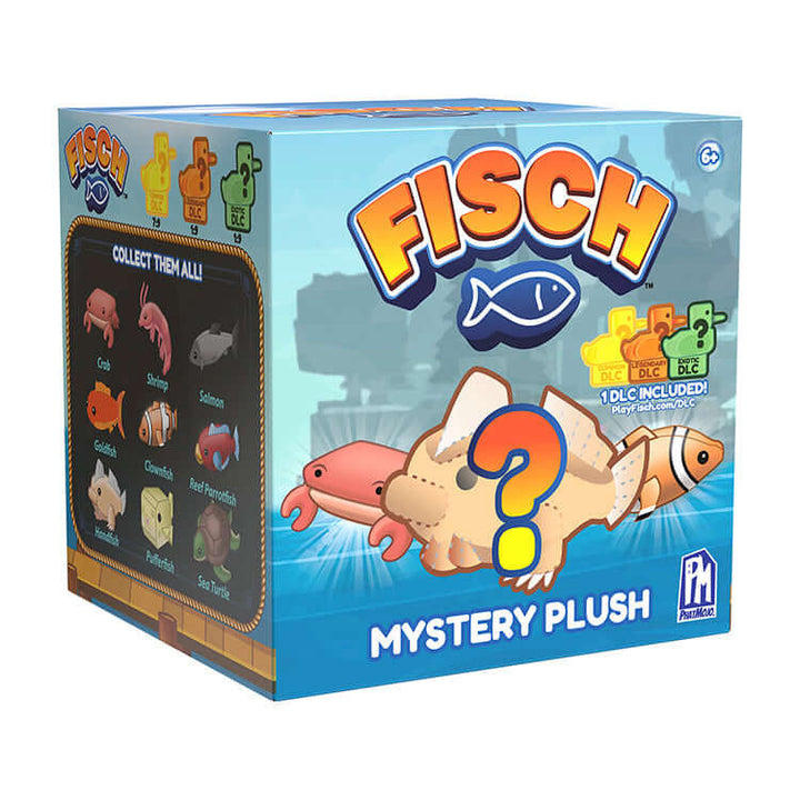 Fisch Plush 4" Collectable Assortment Mystery Plush box featuring various sea creature designs and DLC code.
