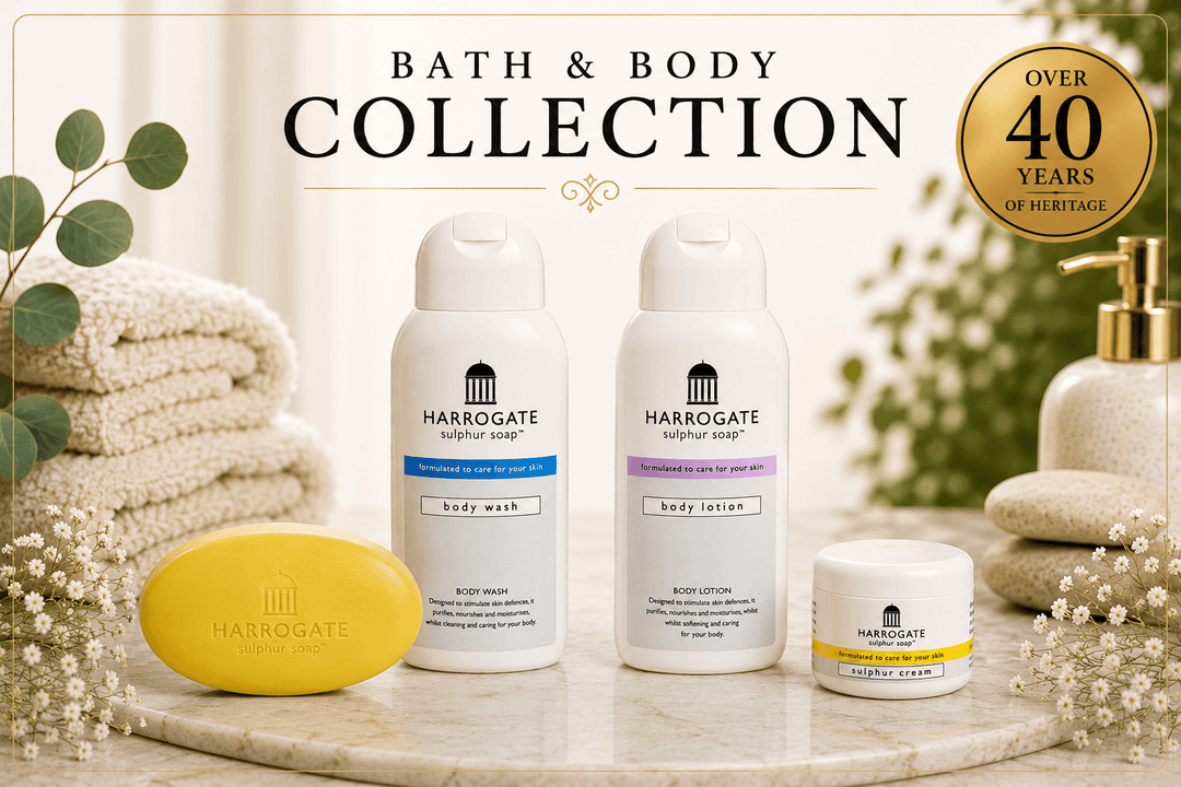 Bath & Body Collection featuring sulphur skincare collection products like body wash, lotion, cream, and soap.