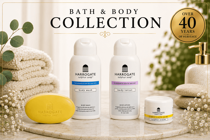 Bath &amp; Body Collection featuring sulphur skincare collection products like body wash, lotion, cream, and soap.